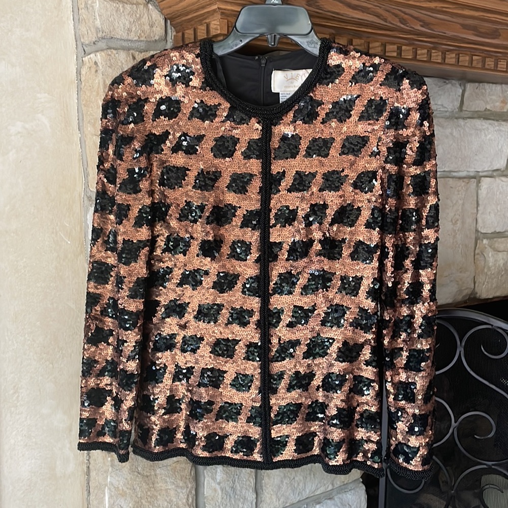 Vie by Victoria Royal Sequin Silk Formal Beaded LS Top Shirt Black Sz 8  Vintage
